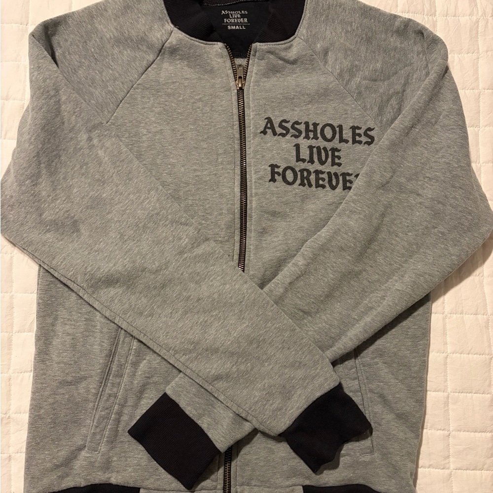 Gray and Black Graphic Zip-Up Jacket
